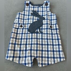 Mudpie Baby Boy 6/9mo Rabbit Bunny Applique Shortall Jumper Easter Blue Plaid